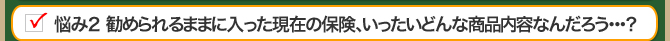 悩み2 勧められるままに入った現在の保険、いったいどんな商品内容なんだろう・・・？