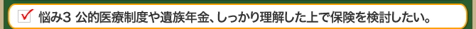 悩み3 公的医療制度や遺族年金、しっかり理解した上で保険を検討したい。